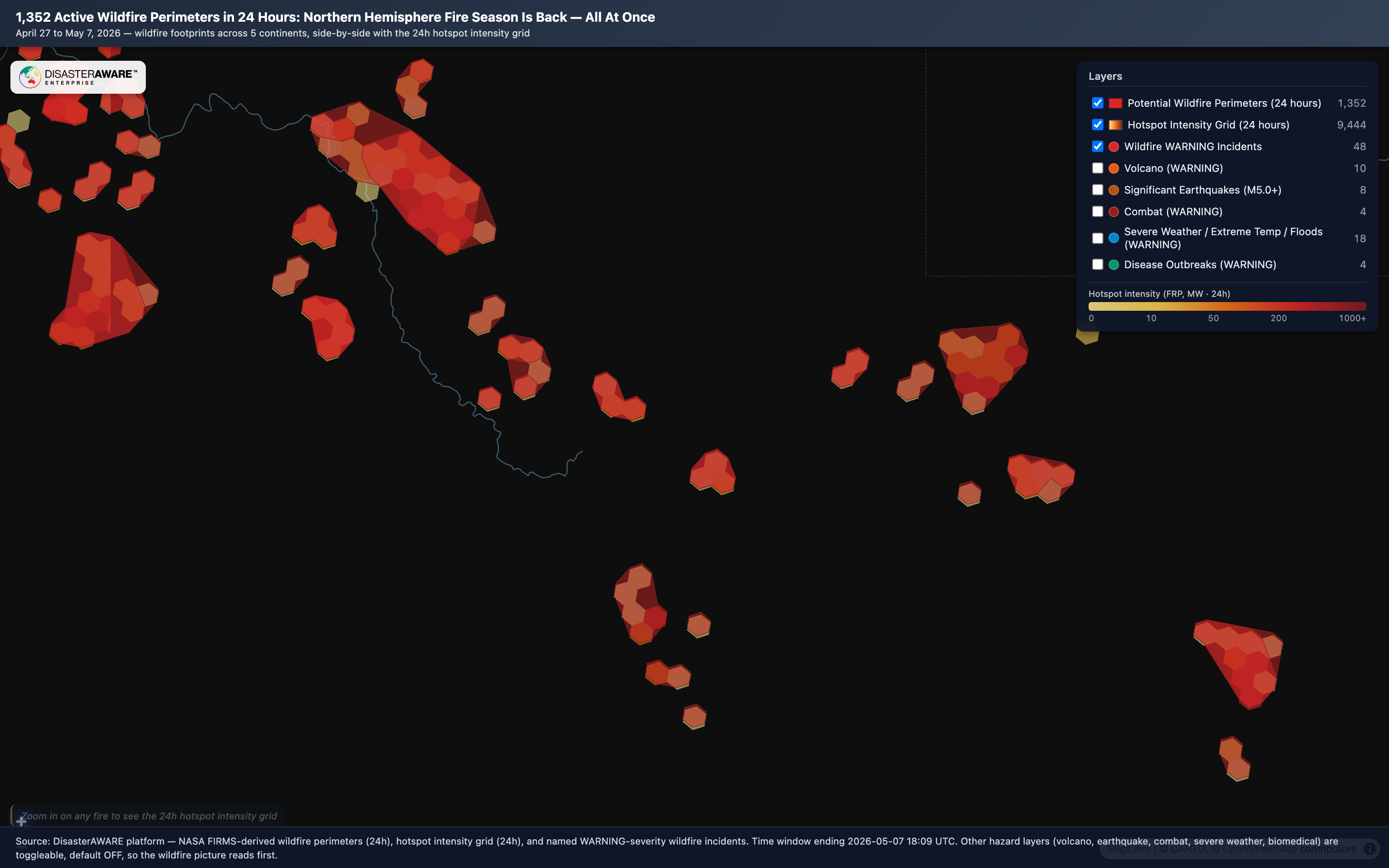 Zoomed view of the largest 24-hour wildfire perimeter complex, Northern Territory, Australia — perimeters in red, hotspot intensity grid in graduated orange. May 7, 2026.