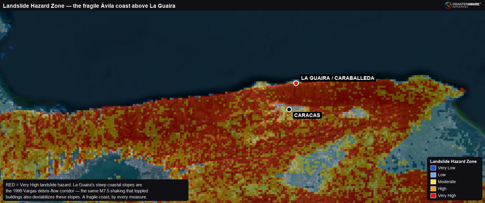 DisasterAWARE Landslide Hazard Zone layer over the La Guaira coast, with the steep Avila slopes rated Very High