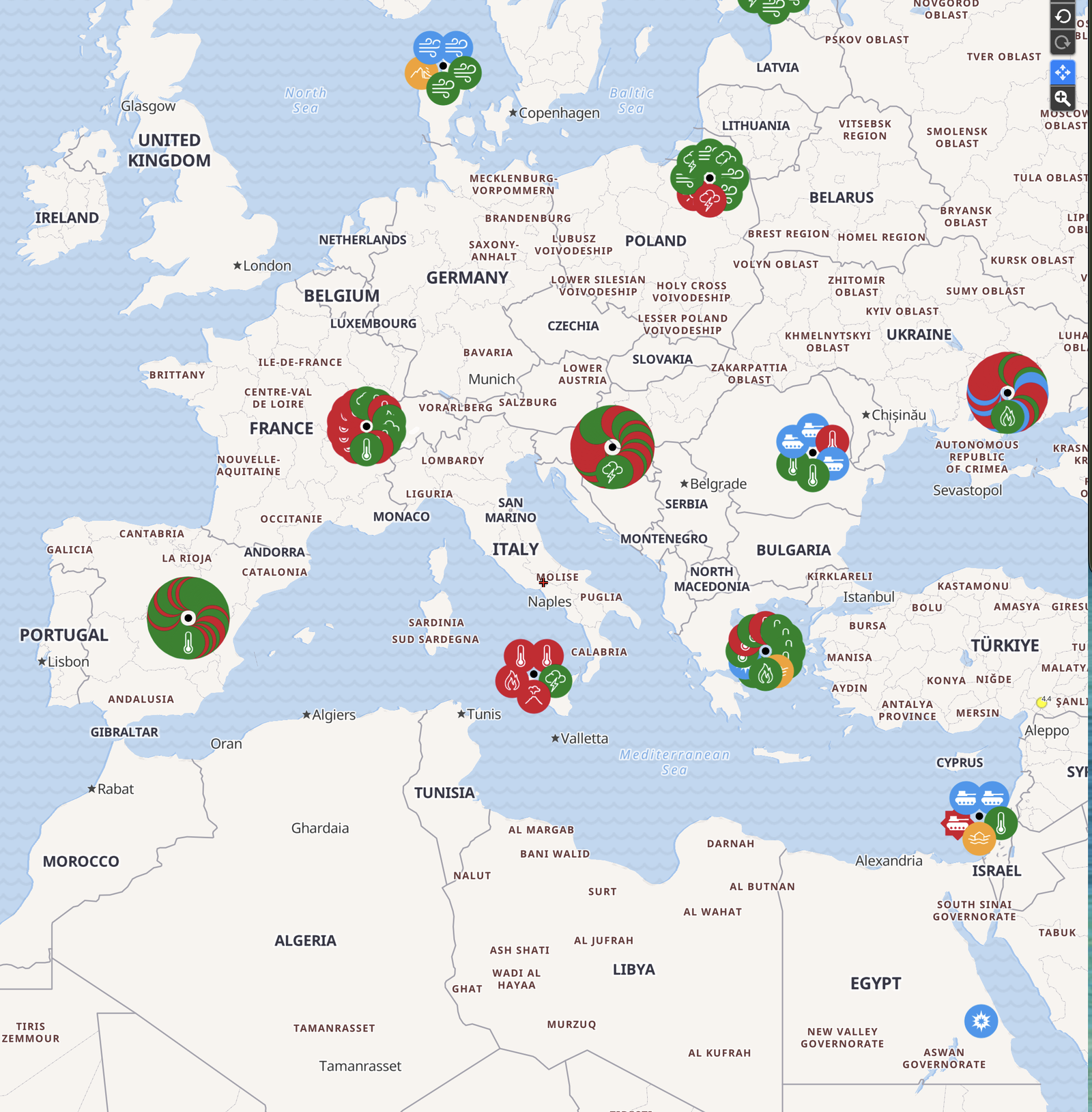 DisasterAWARE Enterprise showing severe weather, extreme temperature, marine, and wind warnings across Europe, sourced from national meteorological services via the MeteoAlarm integration