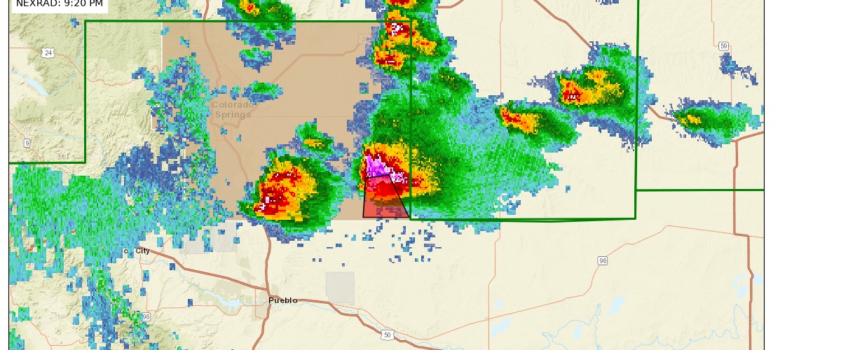 NWS NEXRAD radar at 9:20 PM MDT on September 20, 2026 with the tornado warning polygon over rural southeastern El Paso County and the Colorado Springs urban area to the northwest. Iowa Environmental Mesonet; basemap Esri.