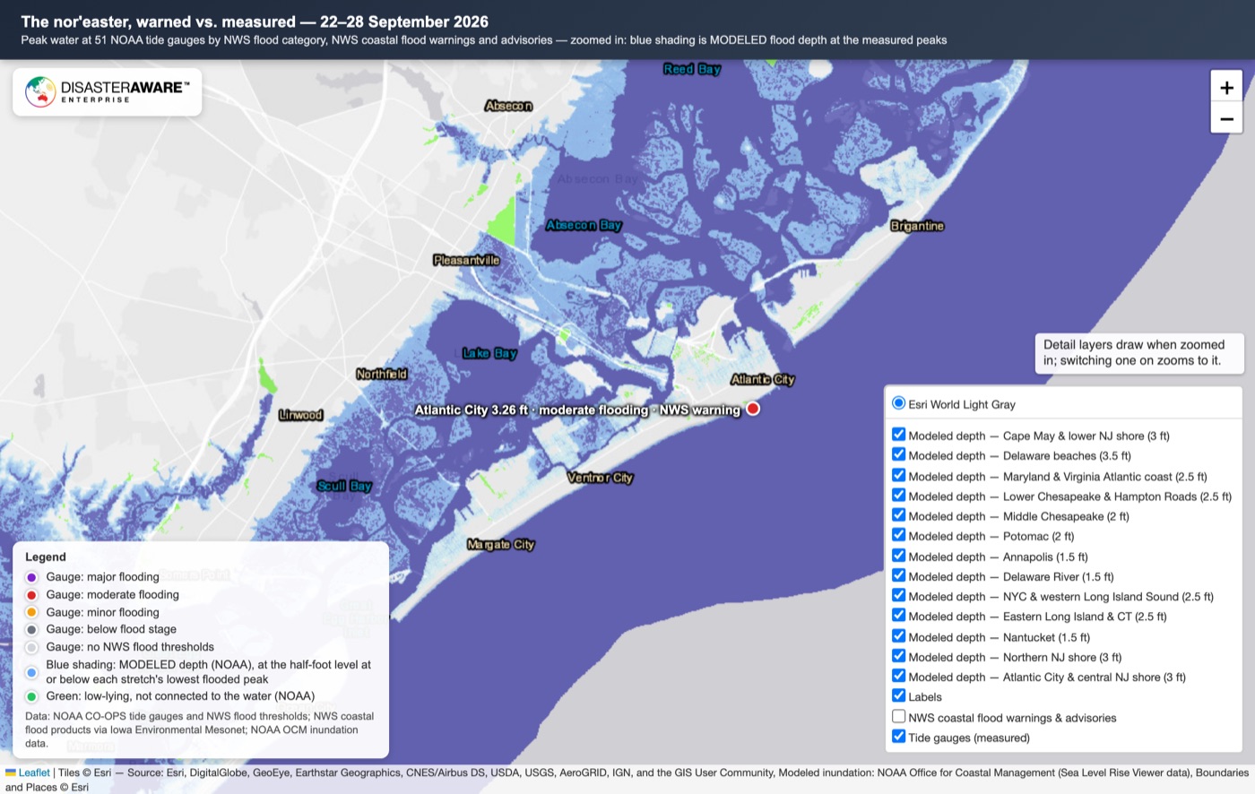 Modeled flood depth around Atlantic City, NJ at the measured 3.26 ft peak, with the Atlantic City tide gauge marked