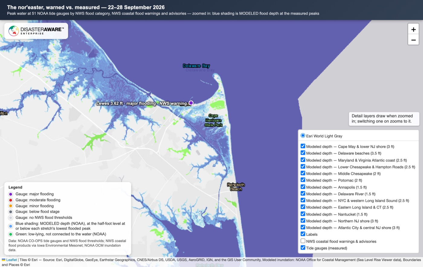 Modeled flood depth around Lewes and Cape Henlopen, DE at the measured 3.62 ft peak, with the Lewes tide gauge marked
