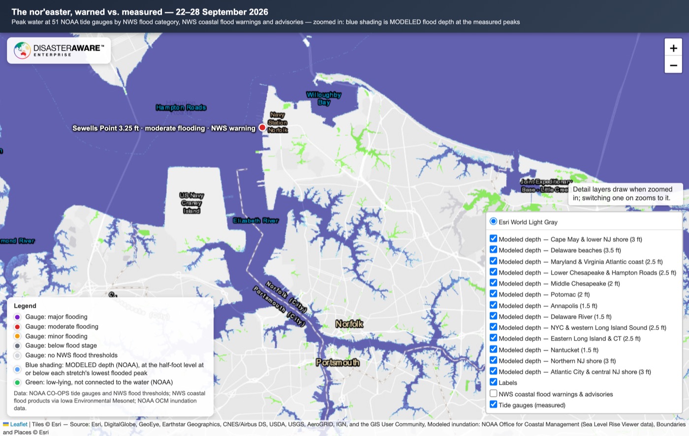 Modeled flood depth across Norfolk and Portsmouth, VA at the measured peak, with the Sewells Point tide gauge marked