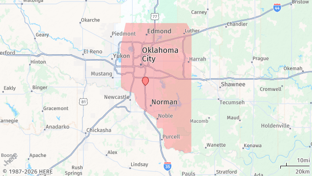 Sample TornadoAWARE report map: the NWS tornado warning polygon of 10 March 2026 over central Oklahoma with the place labelled Home in Moore marked inside it