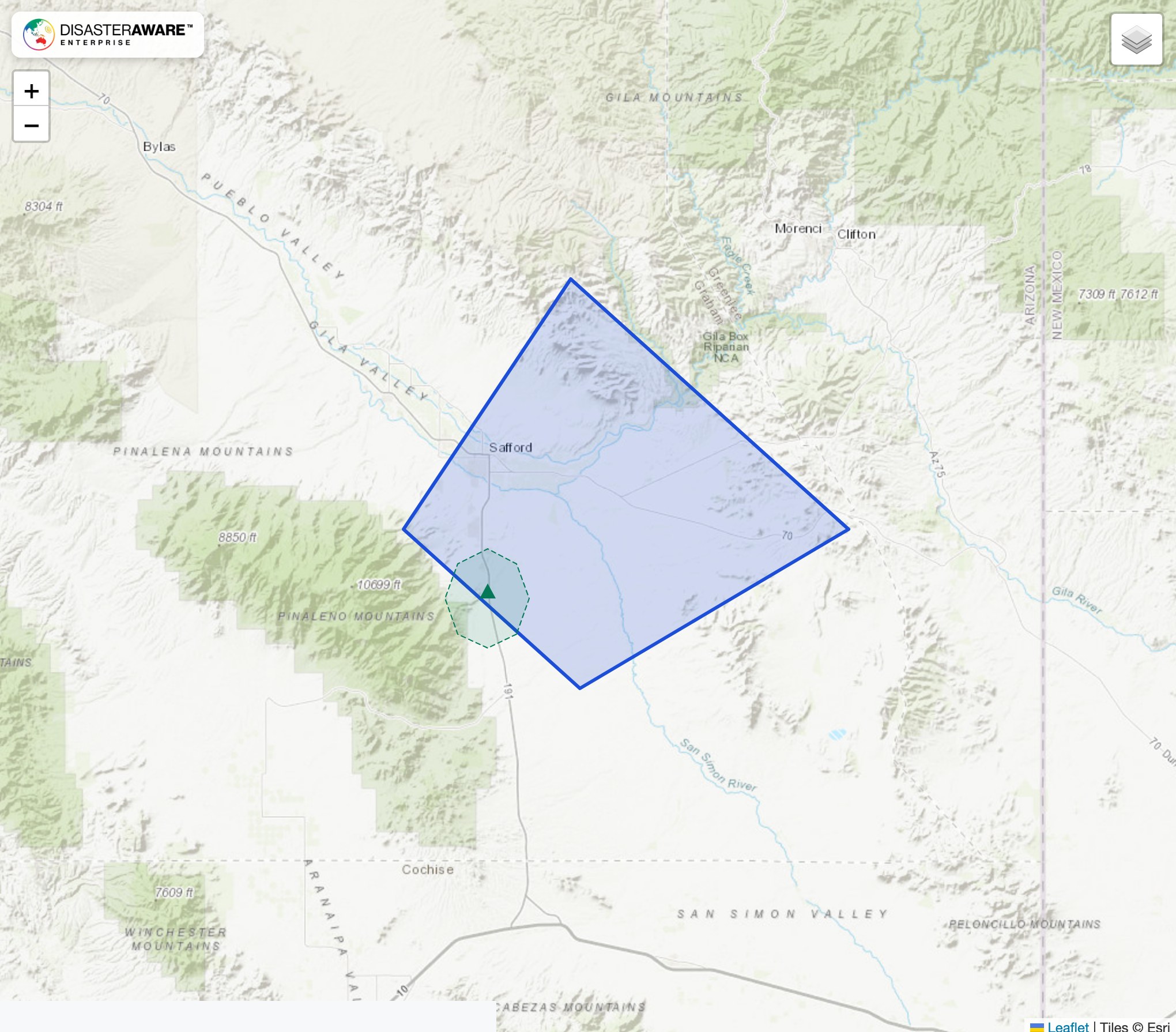 Map of the Graham County, Arizona severe wind hazard of 21 October 2026 from the DisasterAWARE live wind feed: the NWS severe thunderstorm warning polygon with a destructive damage threat, the measured 61 mph gust report marker and the green dotted wind report footprint