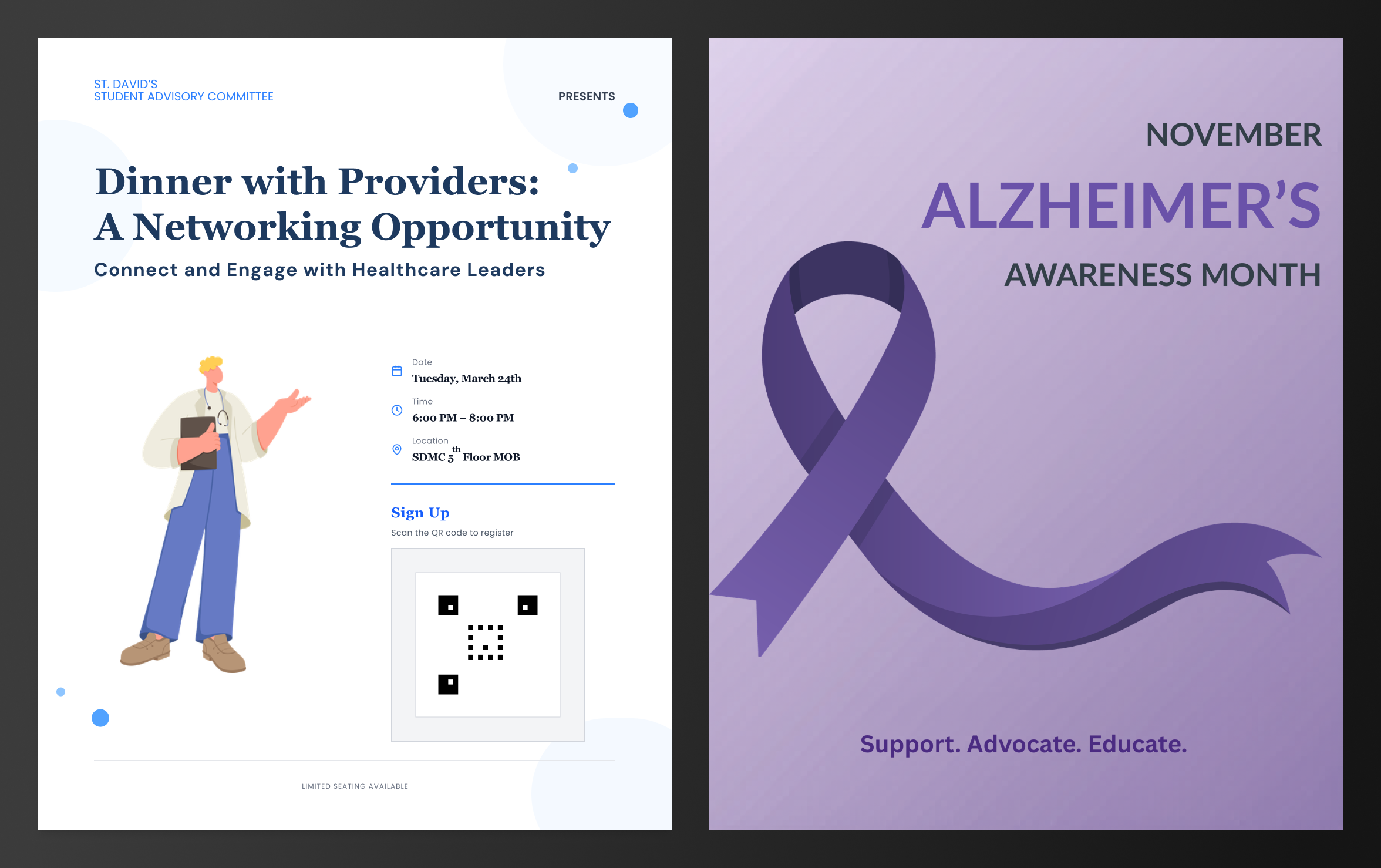 Two posters side by side: left showing a networking dinner event with a healthcare provider illustration, date, time, location, and QR code; right showing a purple awareness ribbon for Alzheimer’s Awareness Month in November with the text Support. Advocate. Educate.