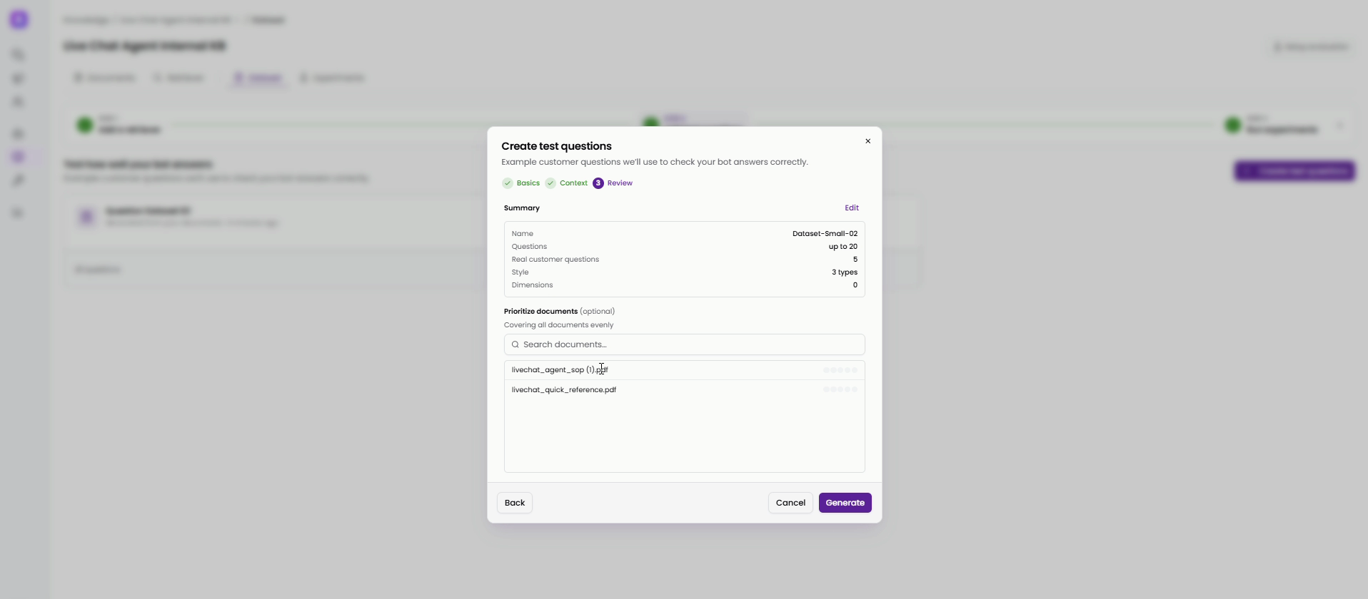 The review step before generating a dataset, summarizing question count, real customer questions, style, and document prioritization