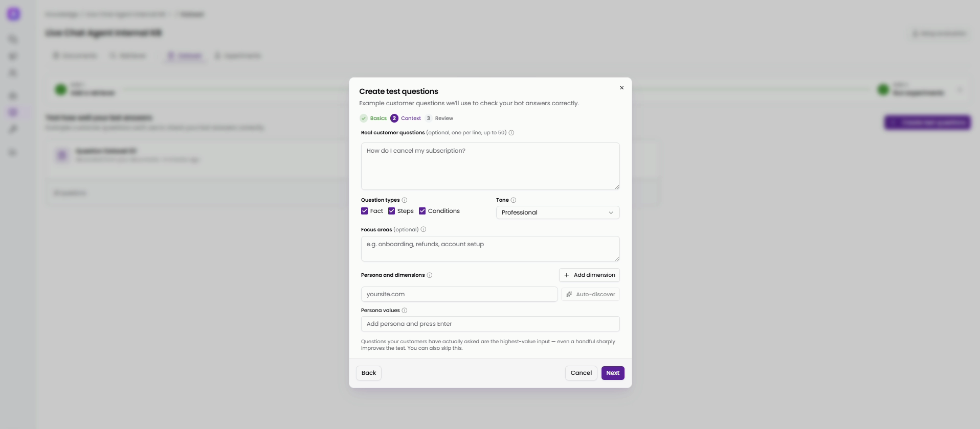 The Create test questions dialog with real customer question input, question types, tone selection, and persona controls