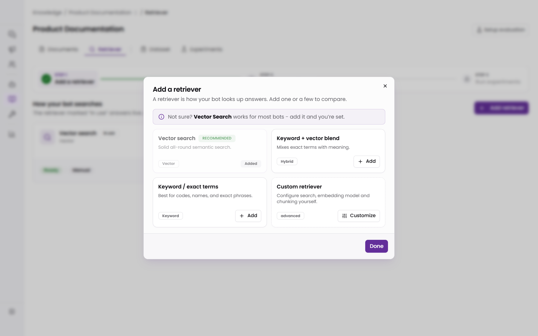 The Add a retriever picker with the Vector search, Keyword + vector blend, Keyword / exact terms, and Custom retriever cards