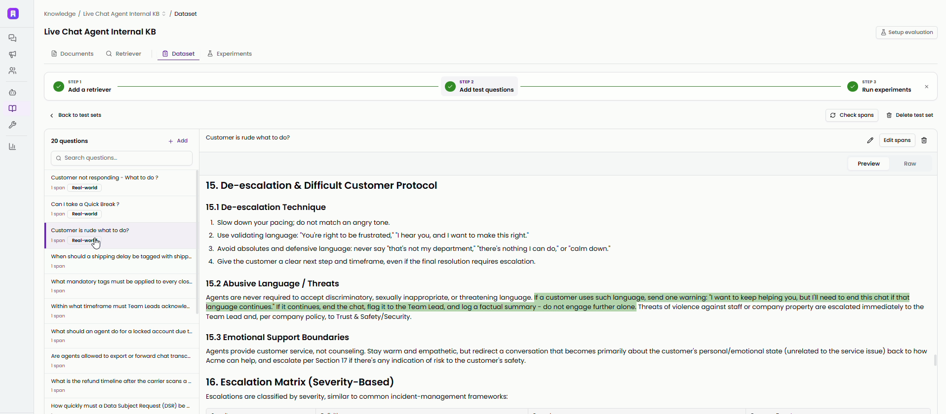 A generated test set with real-world question badges and an answer span highlighted inside the source document