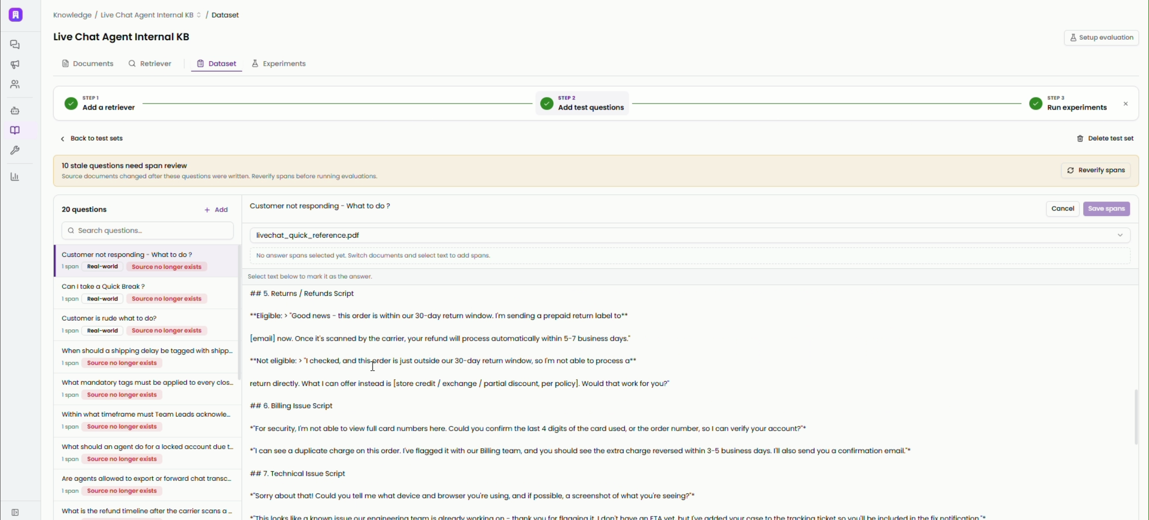 The Dataset tab flagging stale questions whose source documents changed, with source-no-longer-exists badges and a reverify spans action