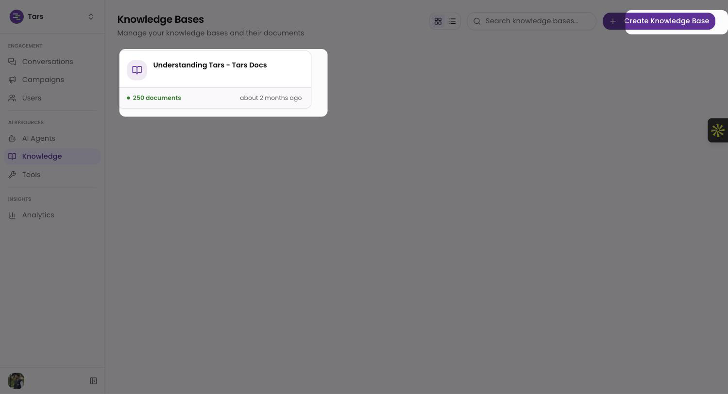 The Knowledge section in Tars listing a knowledge base with its document count