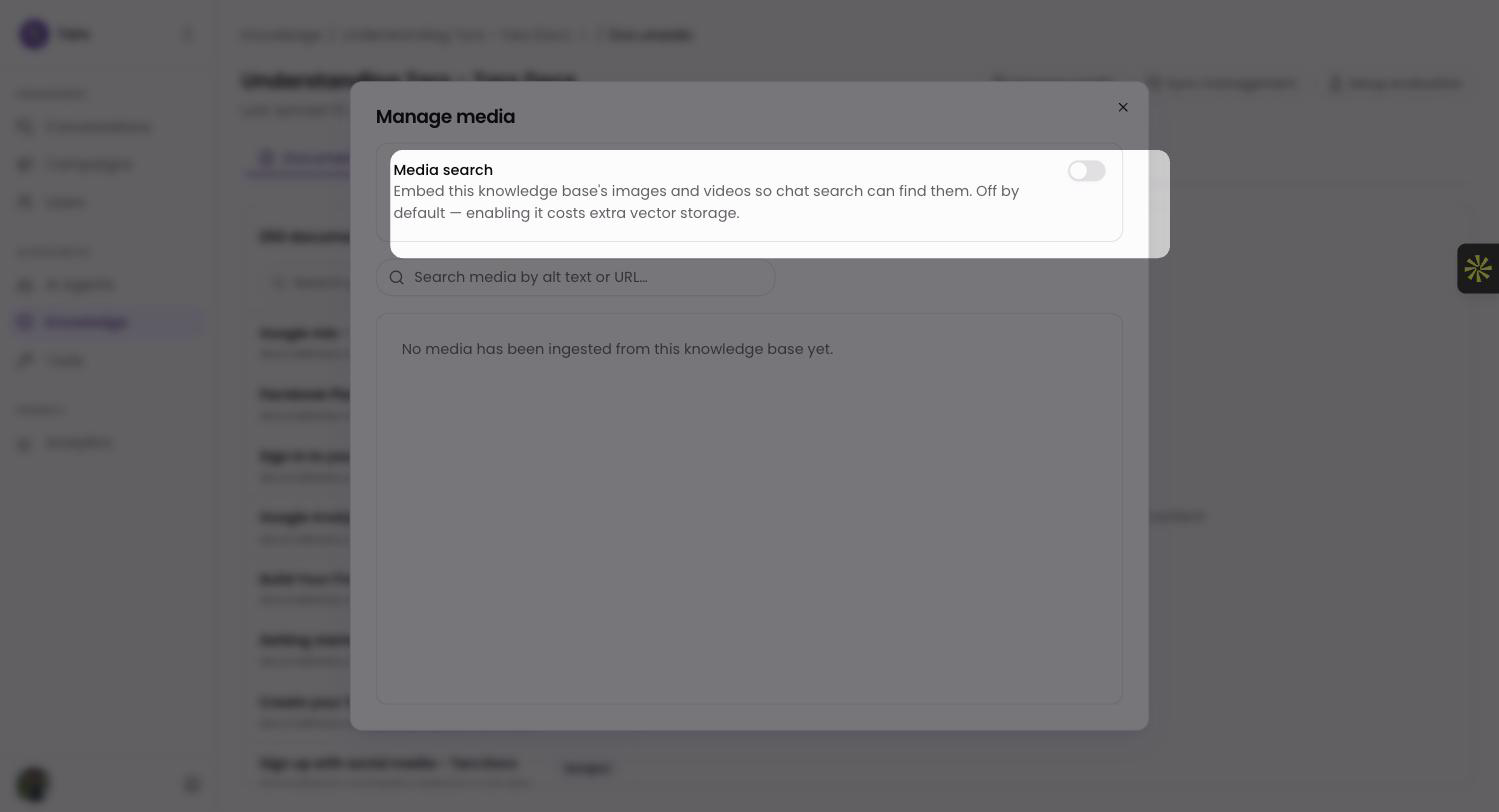 Knowledge base settings in Tars with the Media search toggle switched on