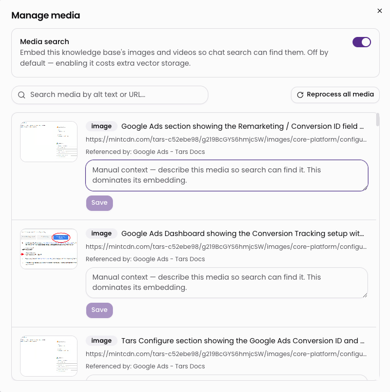The Manage media dialog in Tars with the Media search toggle on and indexed images, each with a manual context field
