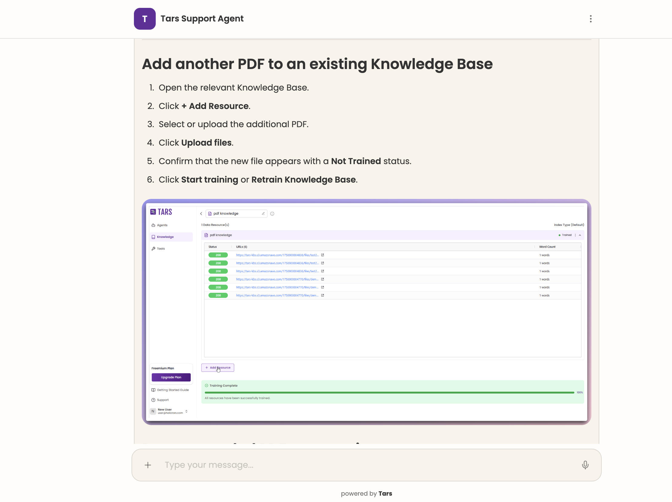 The same Tars chat reply continuing with numbered steps and another knowledge base screenshot rendered inline