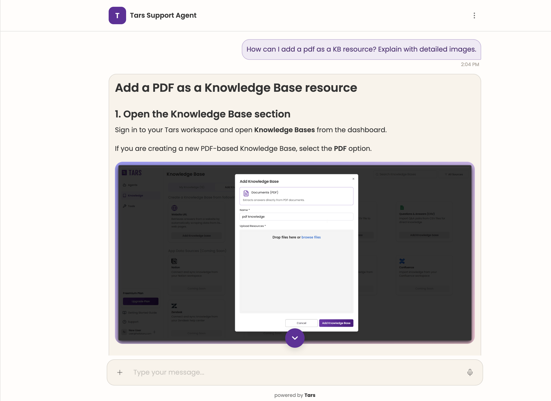 A Tars support agent answering how to add a PDF to a knowledge base, with the product screenshot from the docs rendered inline in the chat reply