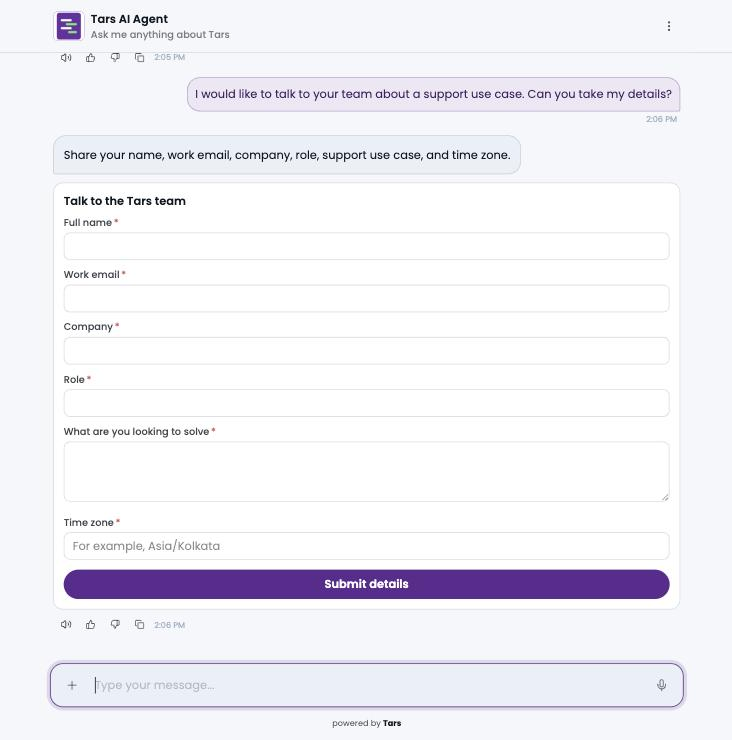 The Tars website's AI agent rendering a form titled Talk to the Tars team, with required fields for full name, work email, company, role, what you are looking to solve and time zone, and a Submit details button, not yet submitted