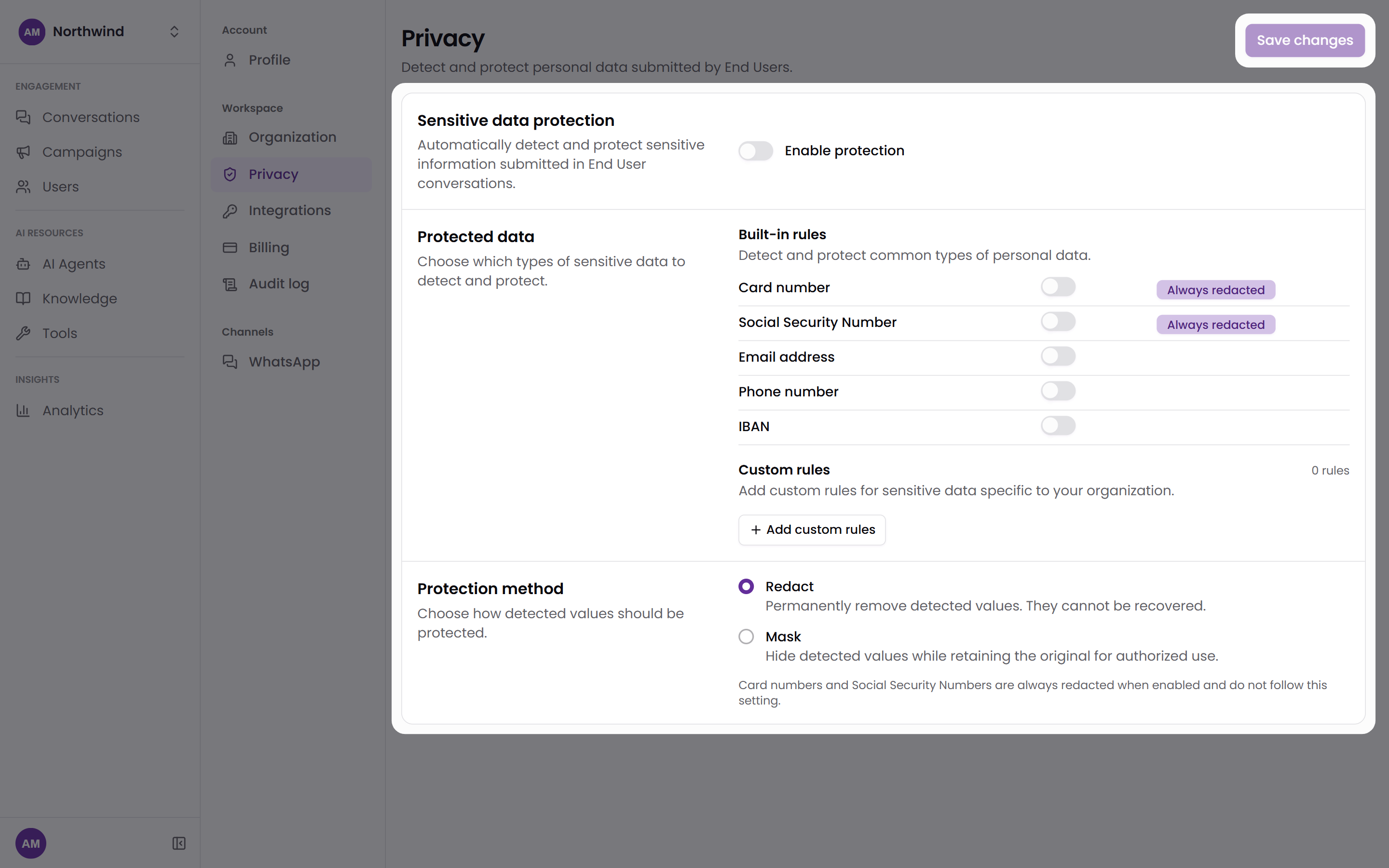 The Privacy settings page in Tars with the Enable protection switch, the built-in rules for card number, Social Security Number, email address, phone number and IBAN, custom rules, and the Redact and Mask protection methods