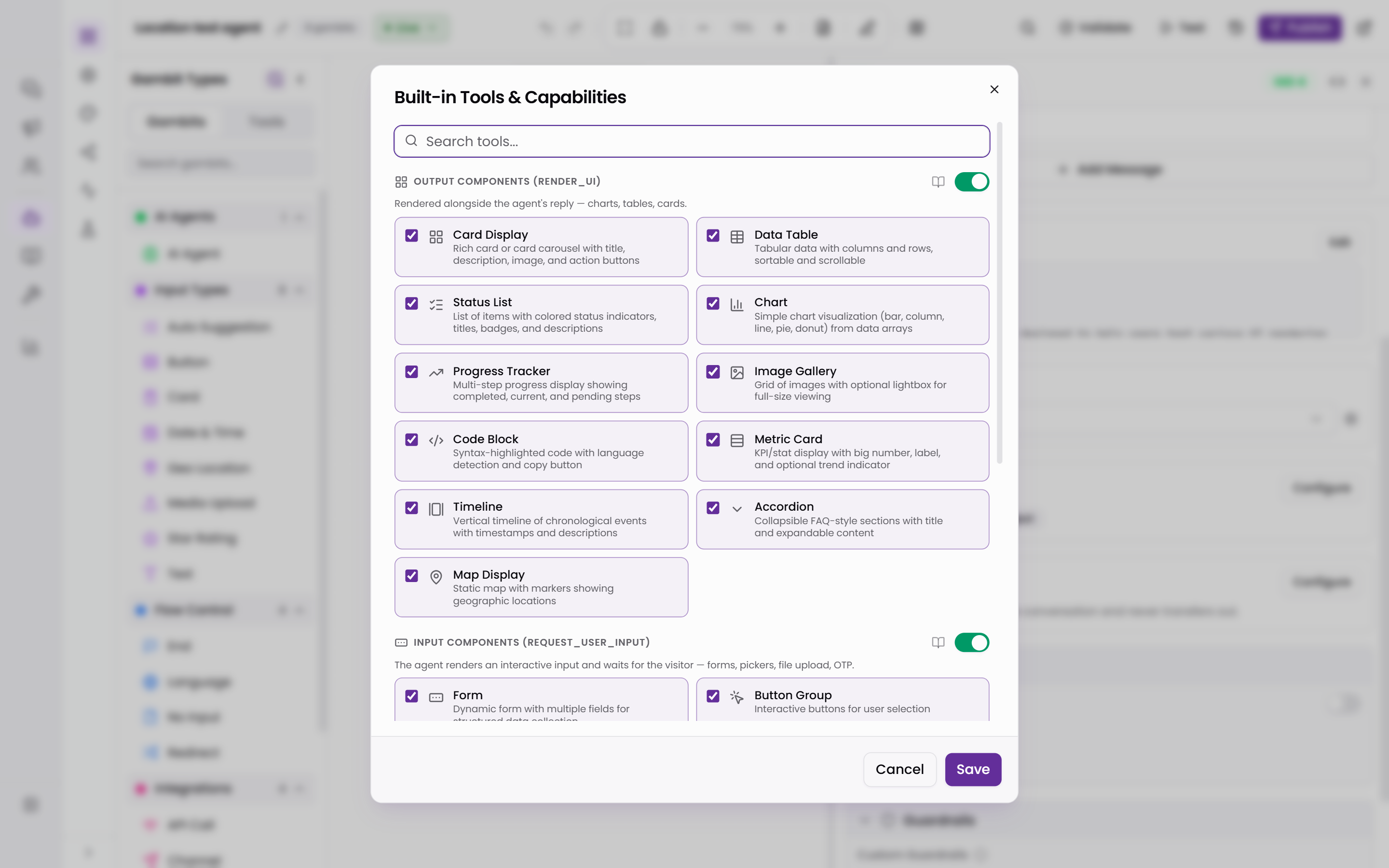The Built-in Tools and Capabilities dialog in Tars with the Output components section switched on, a card for each output component, and the Input components section below it with its own switch