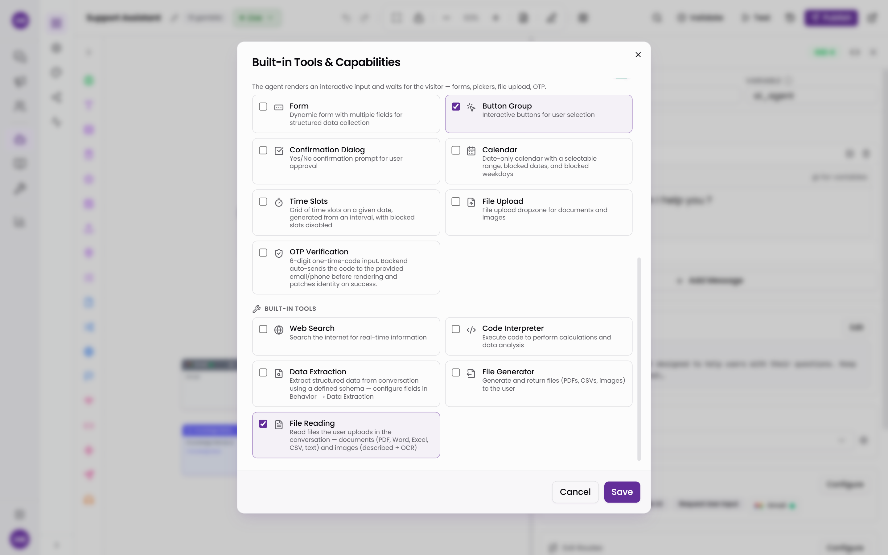 The Built-in Tools and Capabilities dialog in Tars scrolled to the Input components section, where only the Button Group card is ticked, and the Built-in Tools section below it, where File Reading is ticked