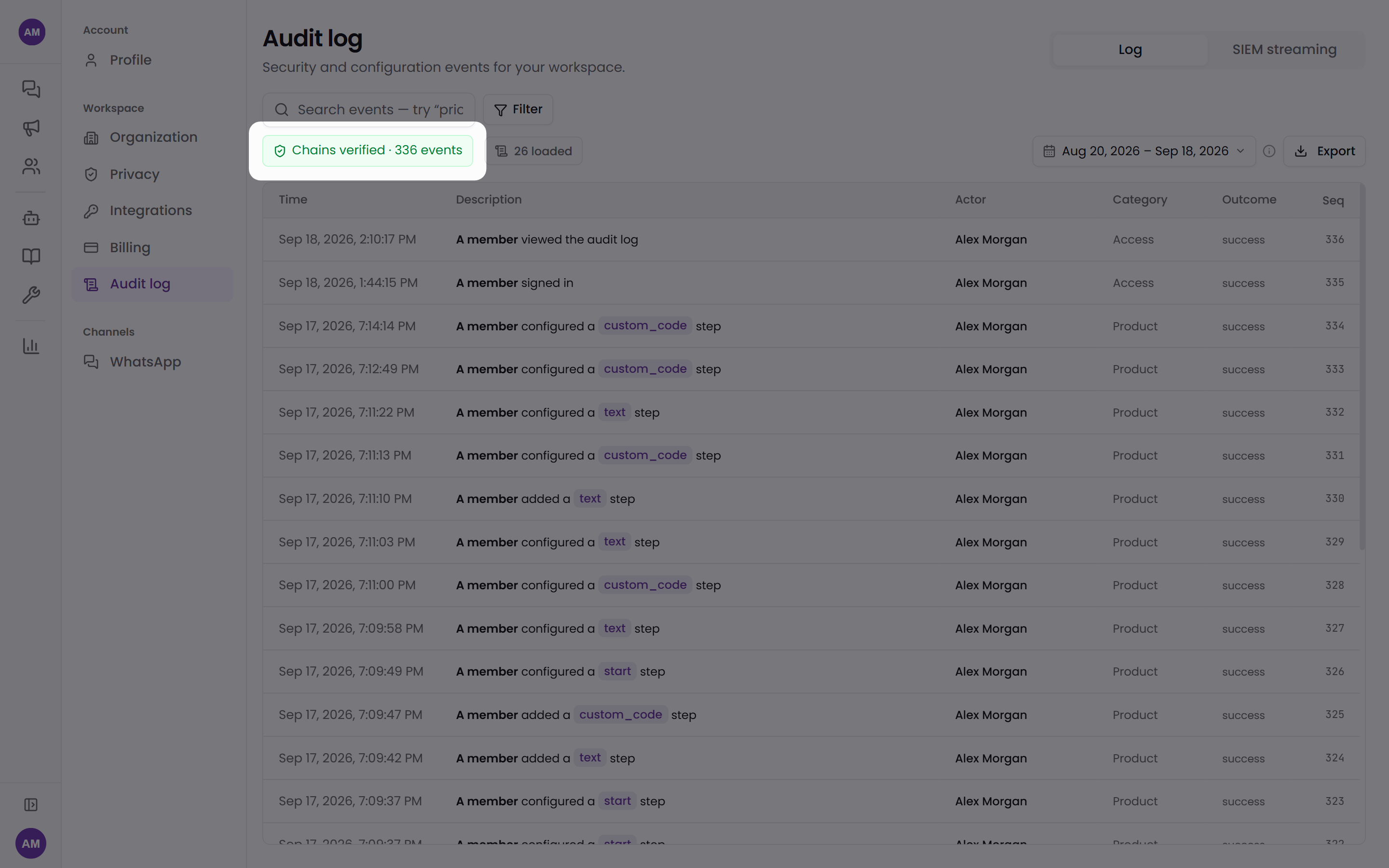 The Tars audit log with a green Chains verified banner showing 336 events, above the event table and its Seq column