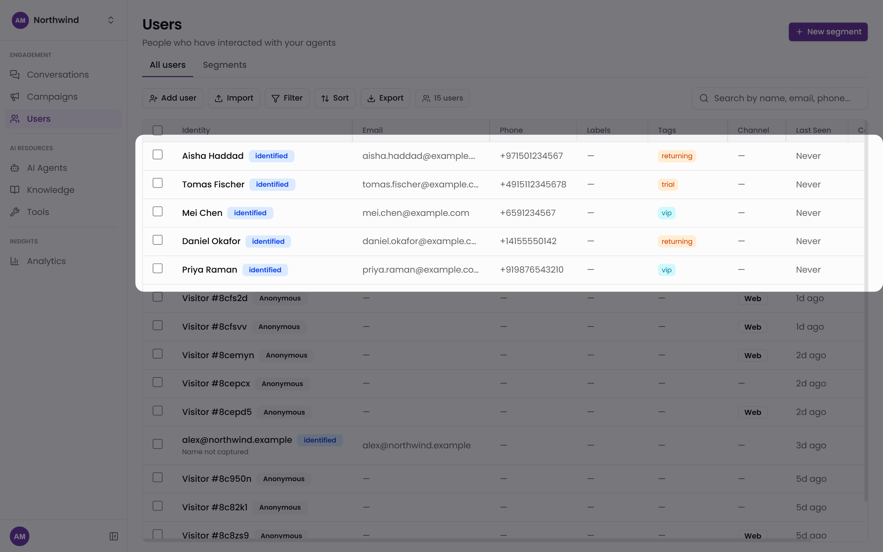 The Users list in Tars with the Identity column showing Identified and Anonymous badges beside end users