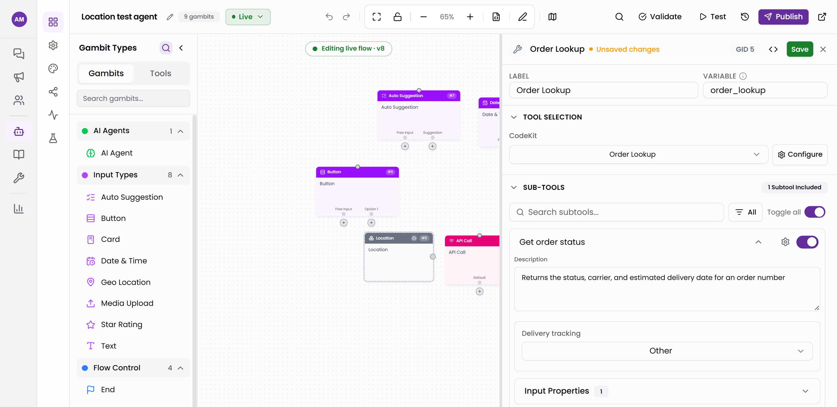 The tool gambit editor in the Tars agent builder with one included action and the description the agent reads