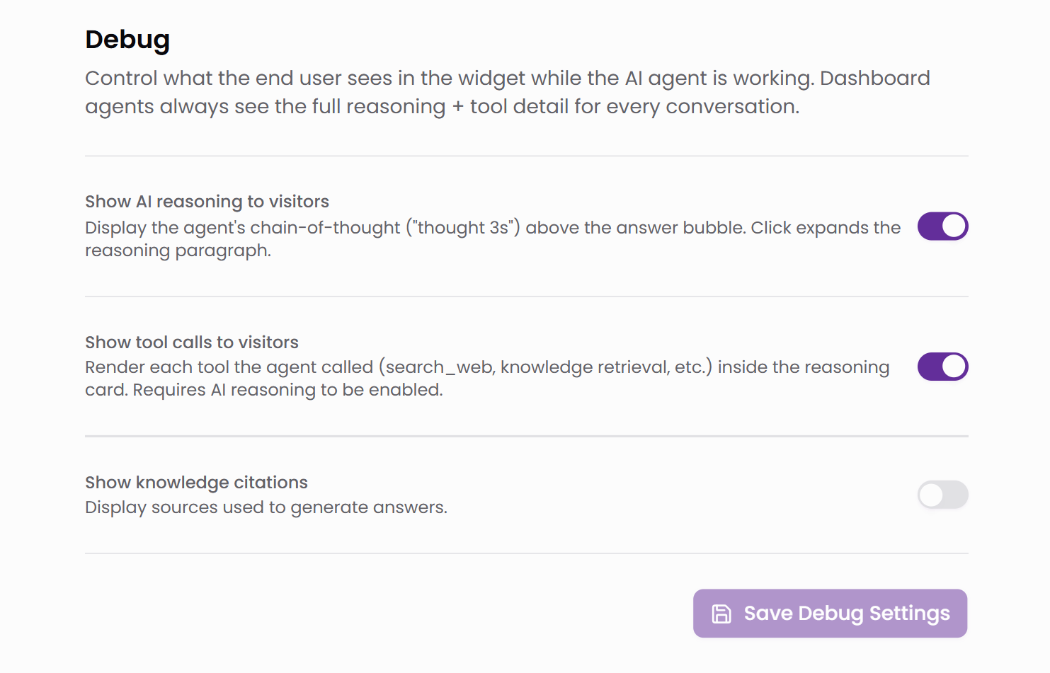 The Debug settings of a Tars agent with three switches: Show AI reasoning to visitors switched on, Show tool calls to visitors switched on, and Show knowledge citations switched off, above a Save Debug Settings button
