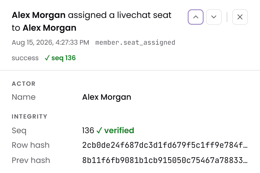 The event drawer for one audit event in Tars, where a member assigned a live chat seat, showing the Actor section and the Integrity section with sequence number 136 marked verified, a row hash and a previous hash