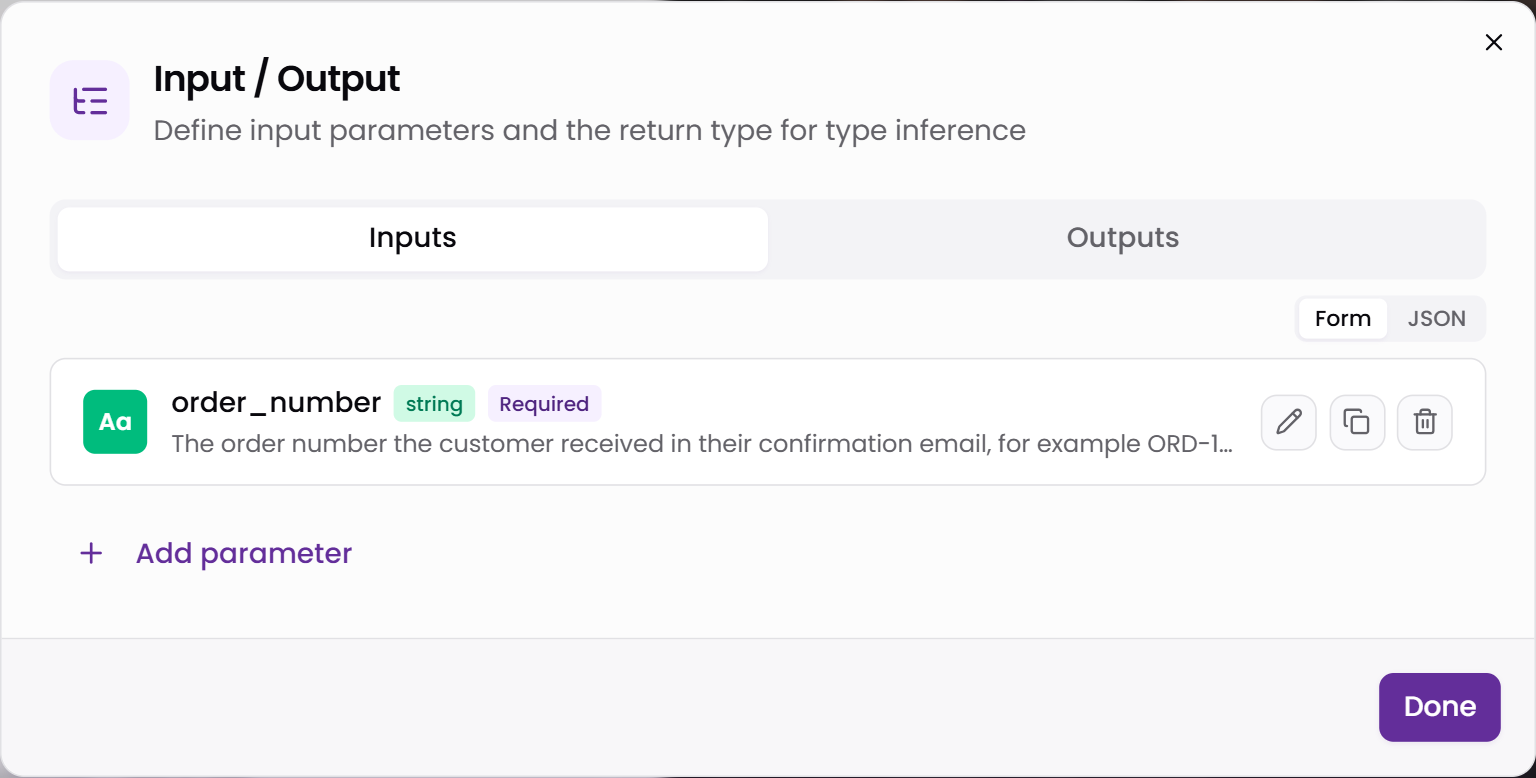 The Input / Output dialog for a custom action in Tars on the Inputs tab, with one input named order_number marked string and Required, and a written description under it