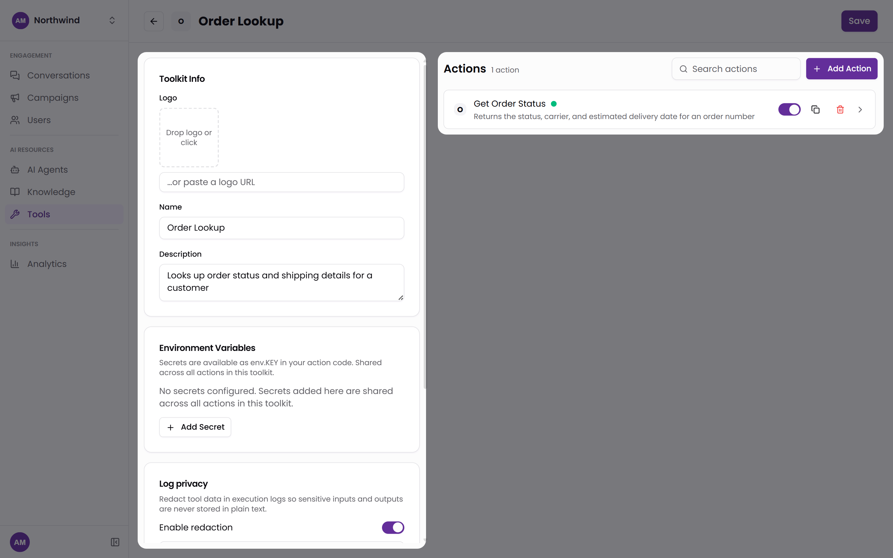 A custom toolkit page in Tars named Order Lookup with the Toolkit Info, Environment Variables and Log privacy cards, and an Actions list holding one deployed action, Get Order Status, with its switch on