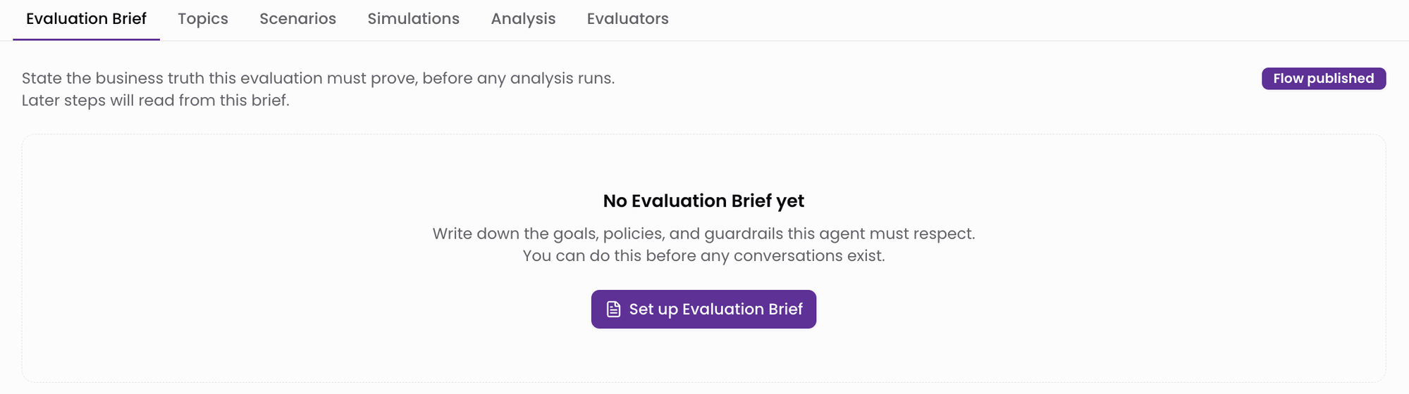 The Evaluate section of an agent, open on the Evaluation Brief tab before a brief has been written. The tabs read Evaluation Brief, Topics, Scenarios, Simulations, Analysis and Evaluators