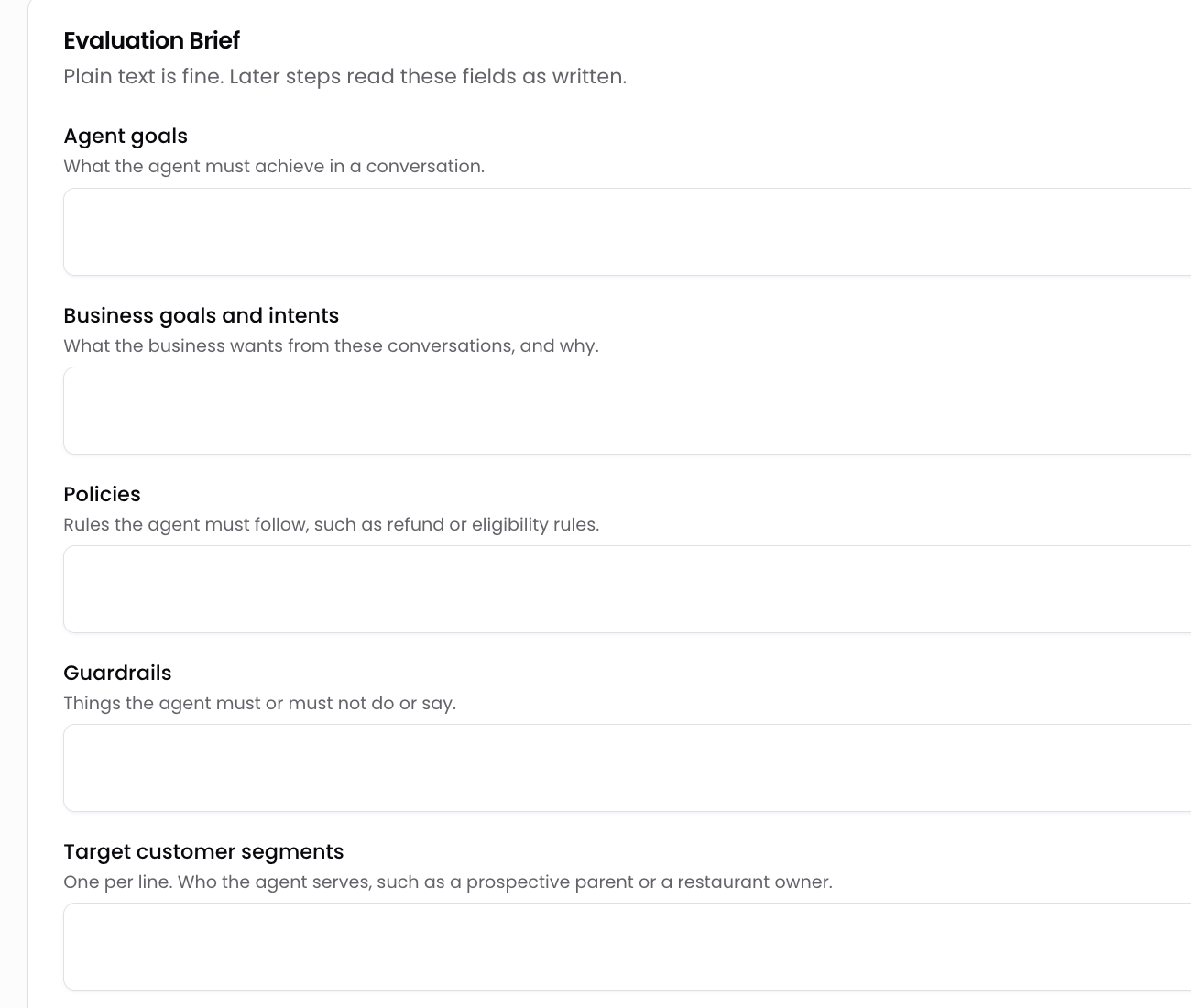 The Evaluation Brief form in Tars, with empty plain-text fields for agent goals, business goals and intents, policies, guardrails and target customer segments