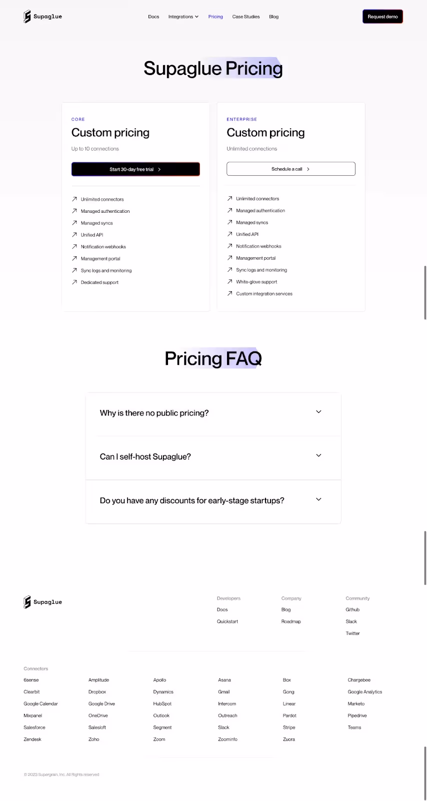A great SaaS pricing page example of Supaglue