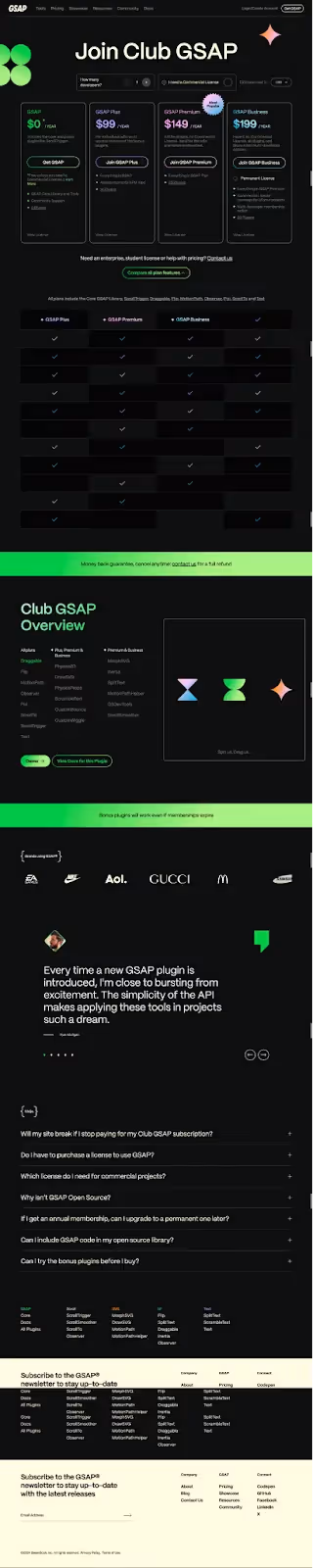 GSAP's four pricing plans featured in a dark background with dynamic buttons