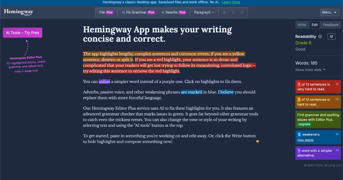 Hemingway Editor, content editor tool