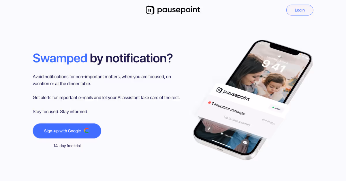 Pausepoint website design with minimalist layout and a smartphone mockup