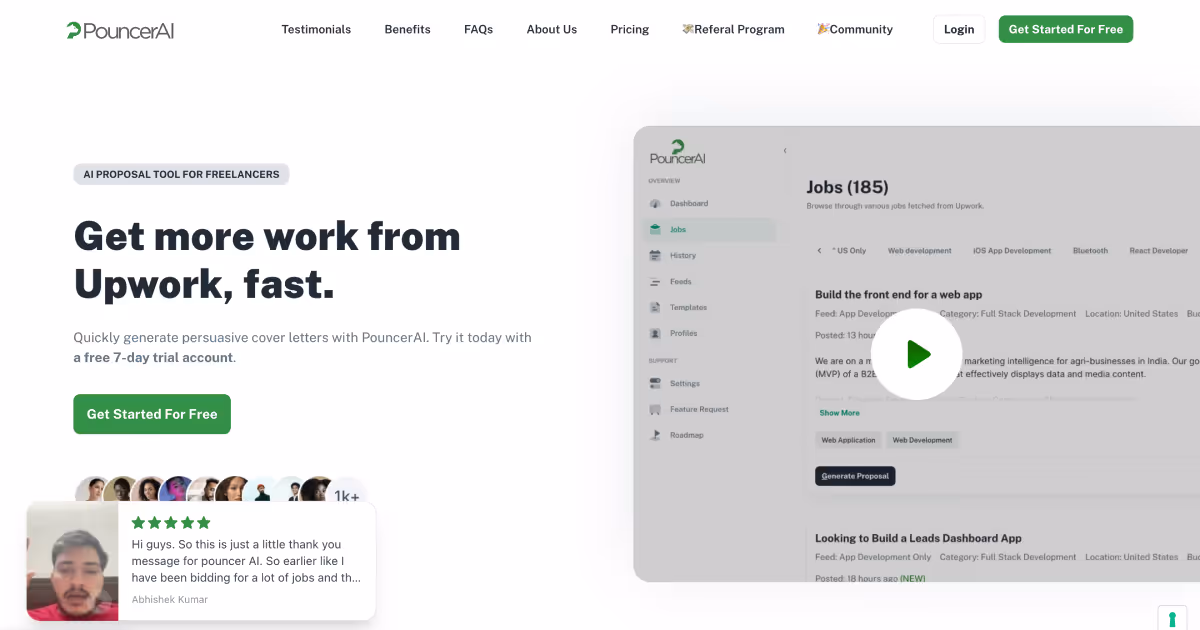 PouncerAI website design with a clean look, promoting its AI-powered proposal tool for freelancers
