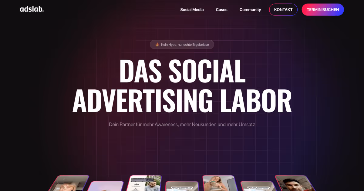 Dark-themed modern website design with bold white typography