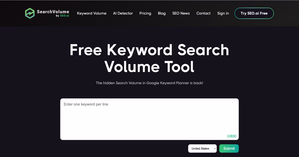 SearchVolume.io market research tool for free keyword search volume insights
