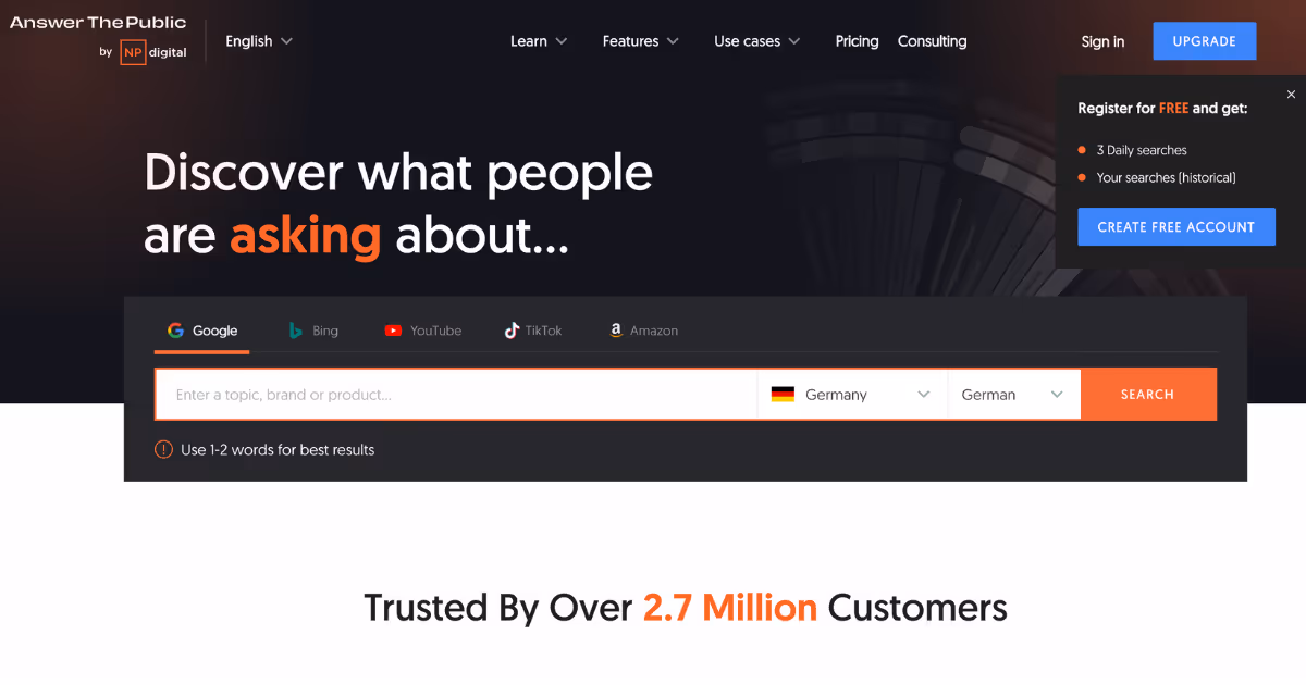 AnswerThePublic market research tool to discover popular questions