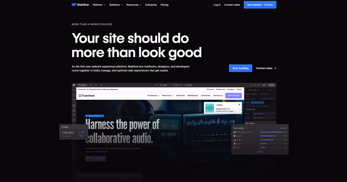 omepage of website builder Webflow, showcasing the website editor interface with Fusionbeat's website homepage open.