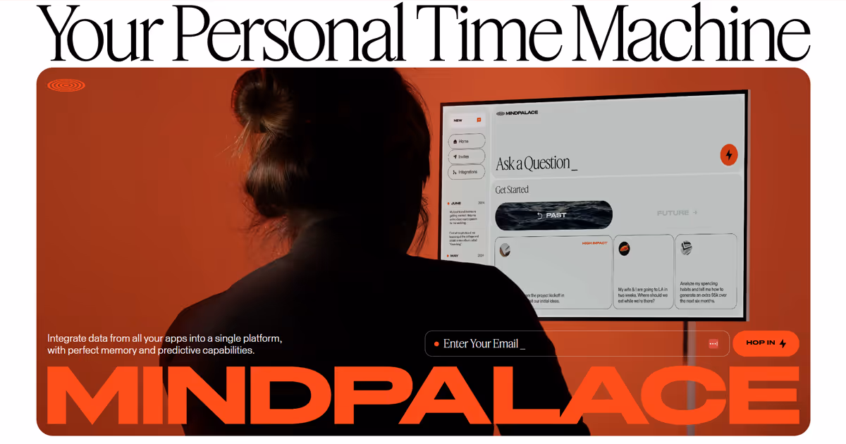 Homepage of Mind Palace, showing the back of a brown-haired woman in a dark shirt looking at a computer screen that displays an interactive app.