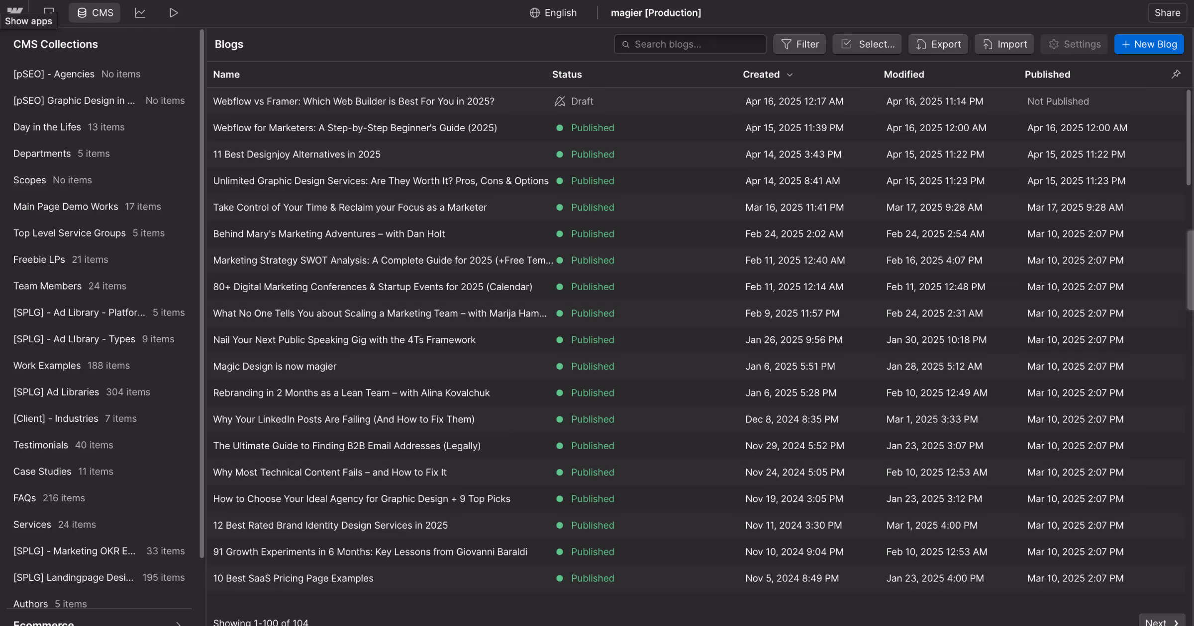 a screenshot showing a realworld example of webflow CMS usage by the graphic design subscription service magier 