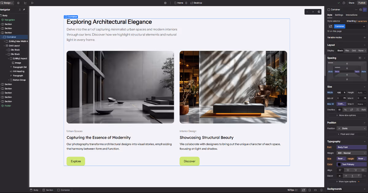 User interface of Webflow, with a photography studio website open in the site editor.