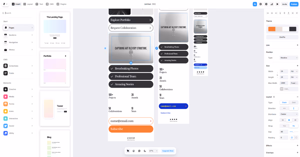 User interface of Framer, with a photography studio website open in the site editor.