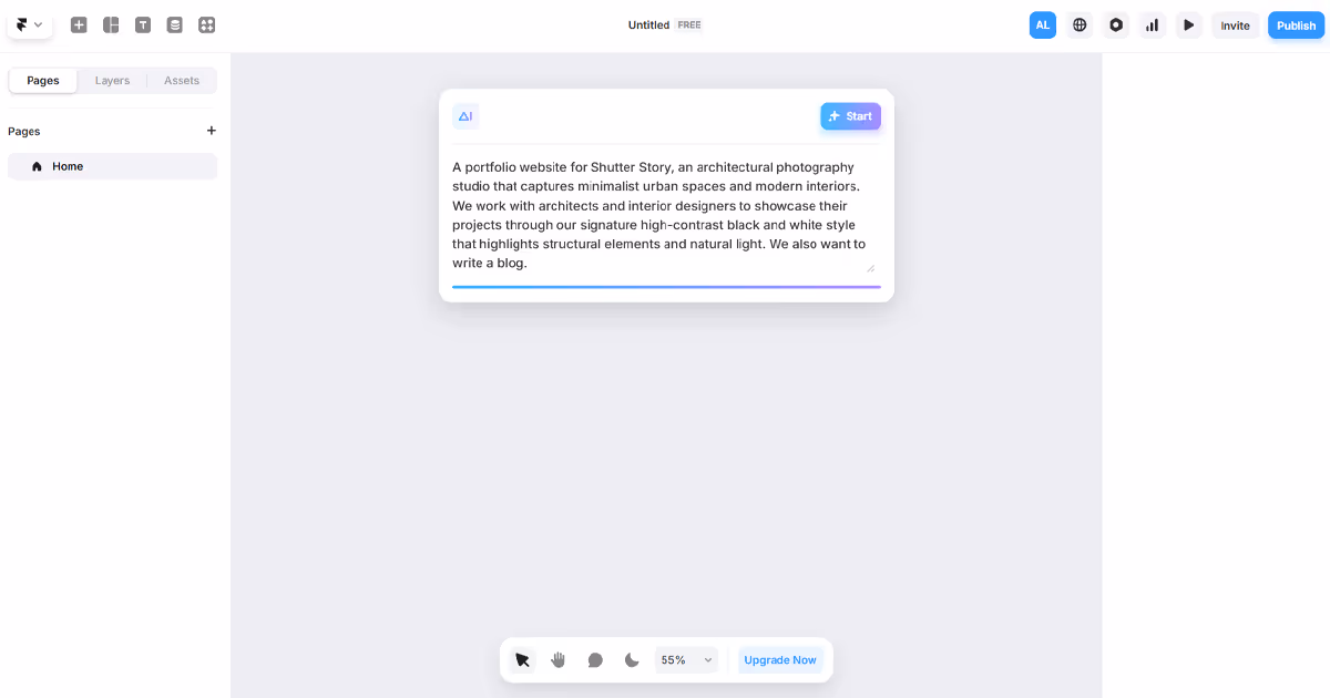 Website builder Framer with its AI site builder open, with a prompt that asks to create a portfolio website for an architectural photography studio.