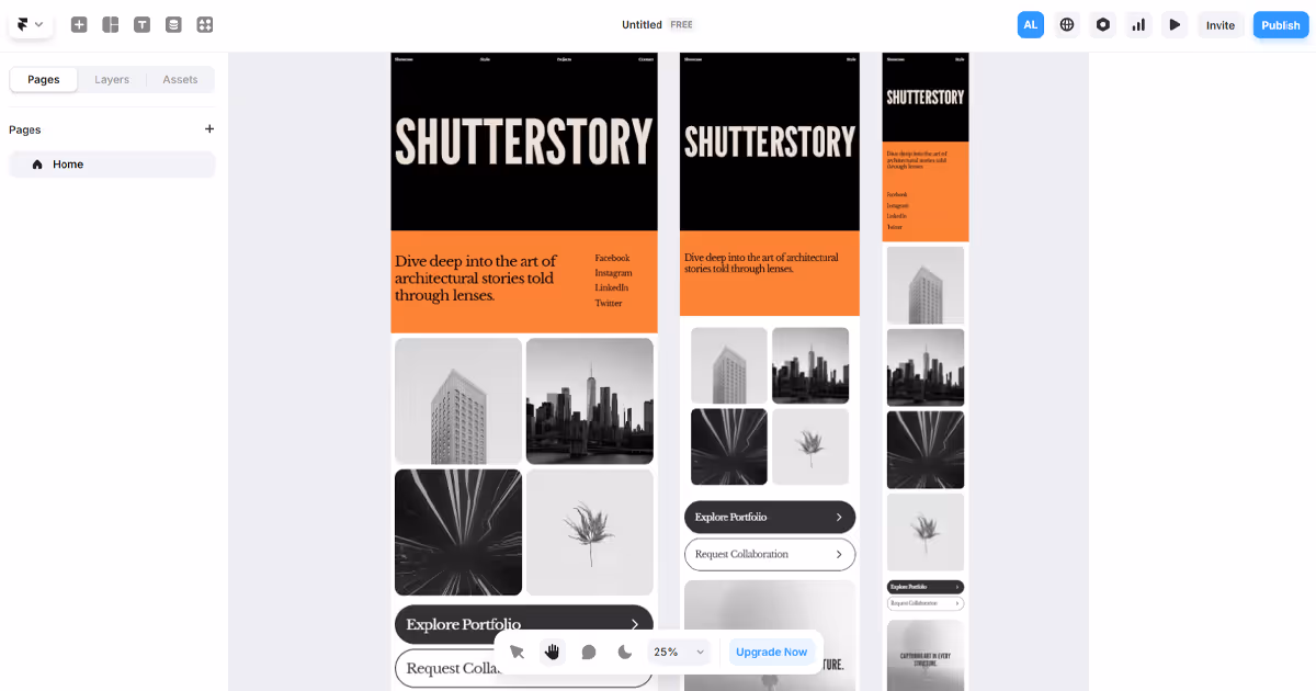 Framer editor interface showing a desktop, tablet, and mobile version of an architectural photo studio website.