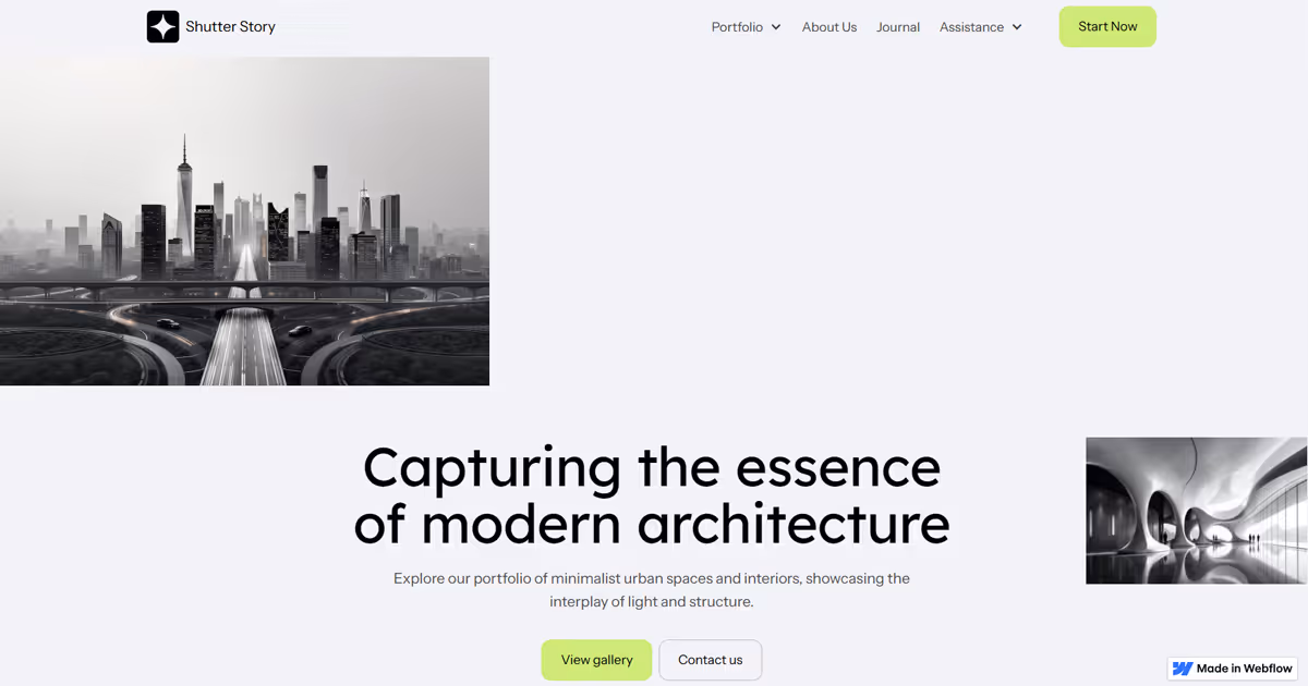 A landing page built on Webflow, showing an architectural photo studio hero section, with an option to view gallery or contact them.