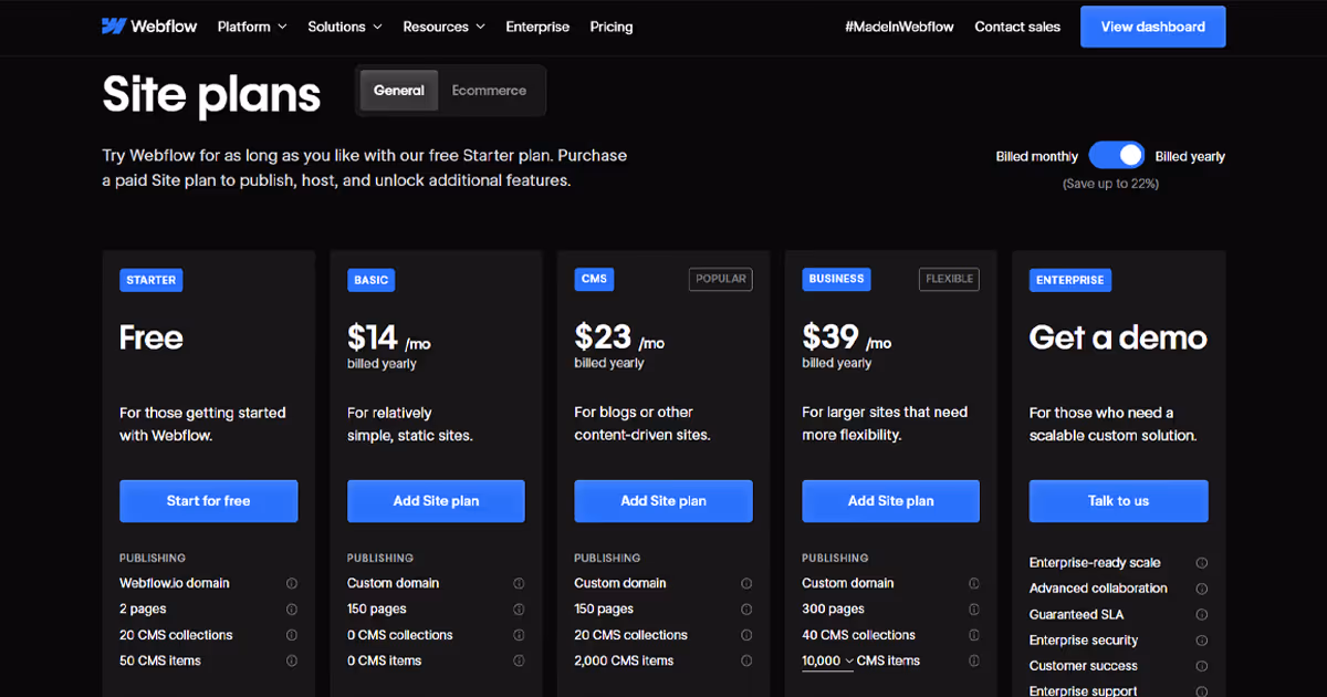The pricing breakdown of all Webflow site plans, showcasing included features.